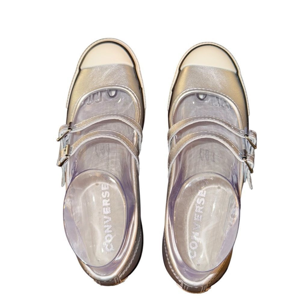 Converse Dainty Mary Jane Slip Strap Shoes Silver Metallic Sneakers Leather - Picture 4 of 5